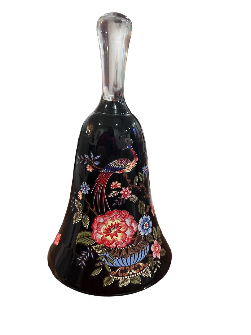 Black Glass Bell Italy Italian Peacock Flower Printed