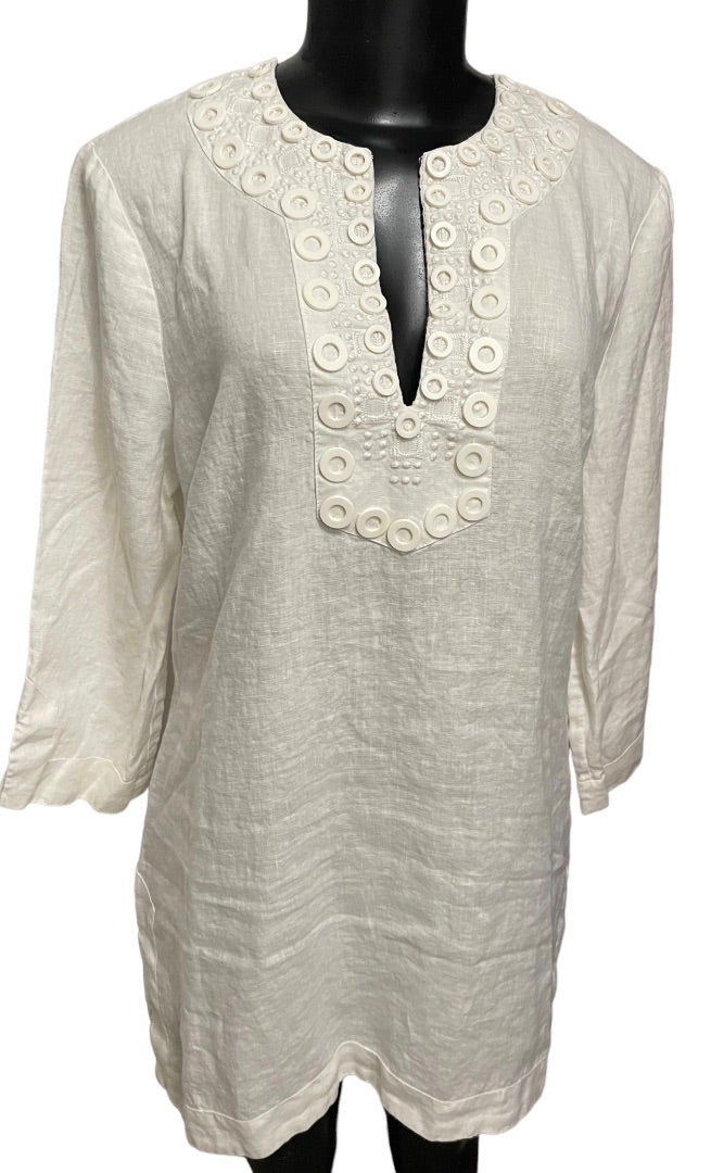 Medium Kenar Linen Womens Tunic Top White