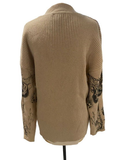 Large Cider Tan Graphic Print Sweater Funnel Neck Ribbed