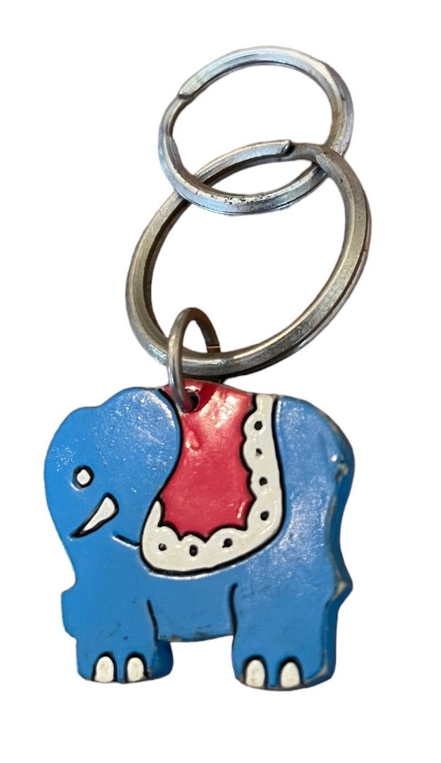 Vintage Blue Elephant Keychain Key Ring Wooden Painted 1.5"