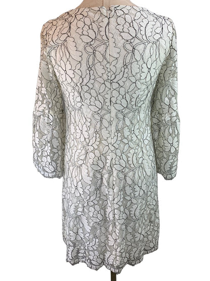 4 Eliza J White Lace Sheath Dress Bell Sleeve Black Contrast