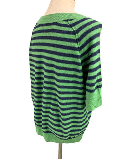 Medium Talbots Women's Green Blue Striped Short Sleeve Pullover Sweater Oversize Linen Blend