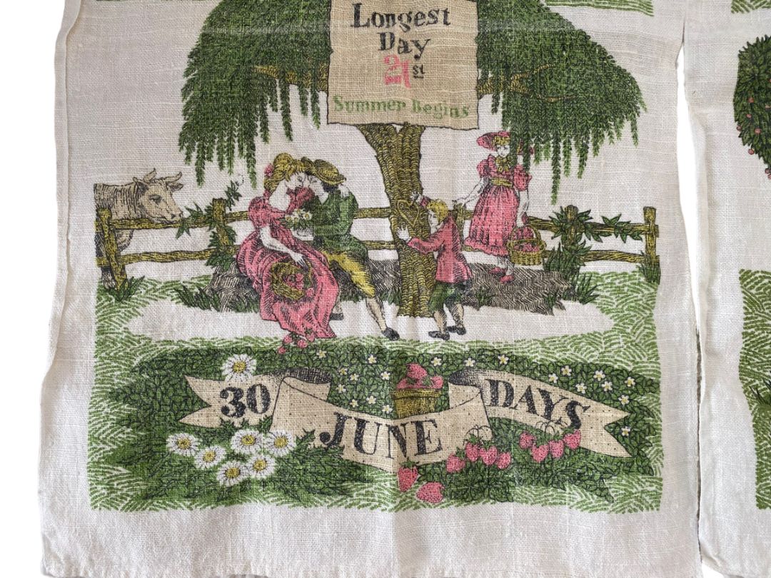 Lois Lang Signed Summer Month Tea Towels Signed Vintage June July August Folk Art