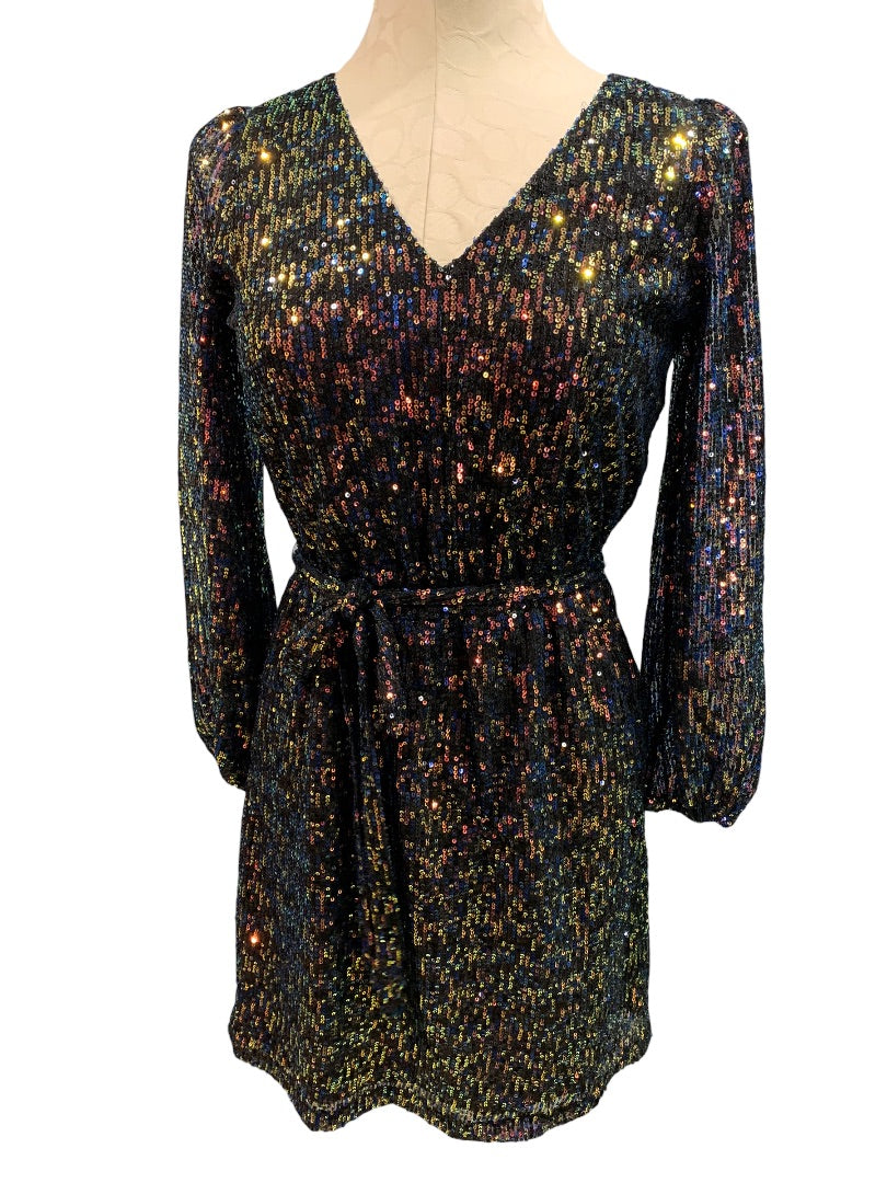 XXS LOFT Women's Sequin Mini Dress Belted V-Neck Banded Sheer Sleeve