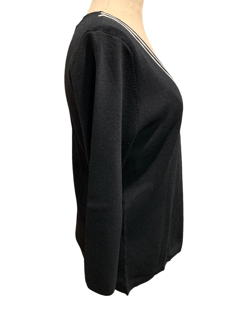 Large Cable & Gauge Women's New Black Faux Wrap Sweater White Piping