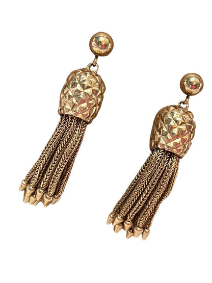 Vintage 14K Gold Tassel Dangle Earrings Pineapple Pattern 12 gram Weight