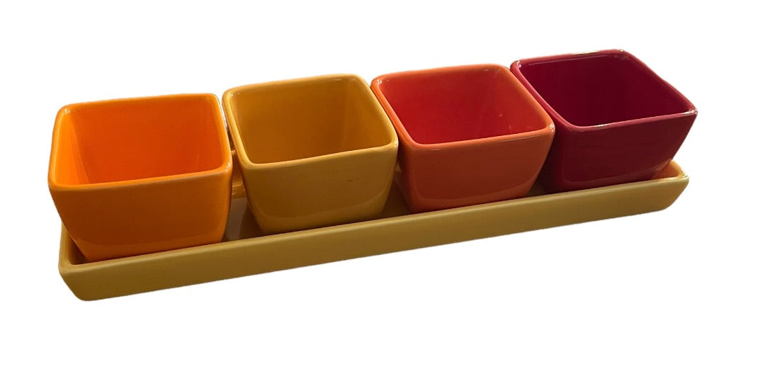 Crate & Barrel 5 Piece Condiment Tray Serving Set  Yellow Red Orange
