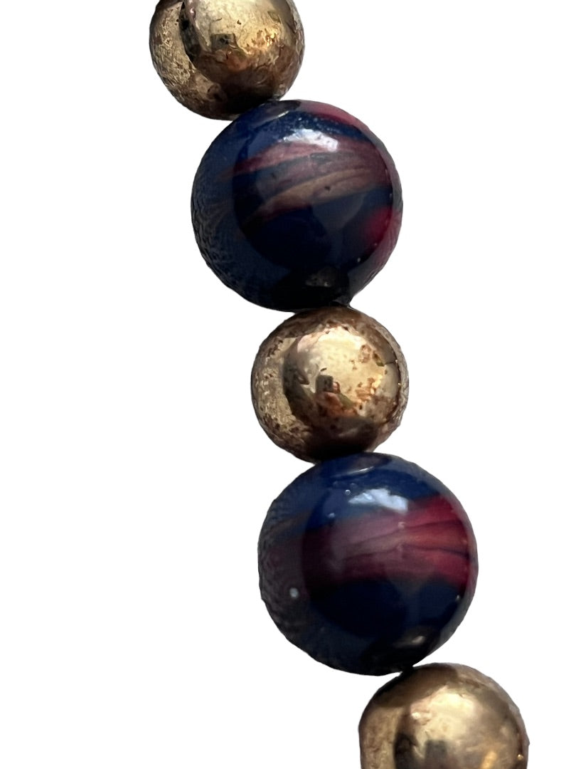 Enamel Marbled Beaded Necklace Gold Tone Navy Blue Garnet 27"