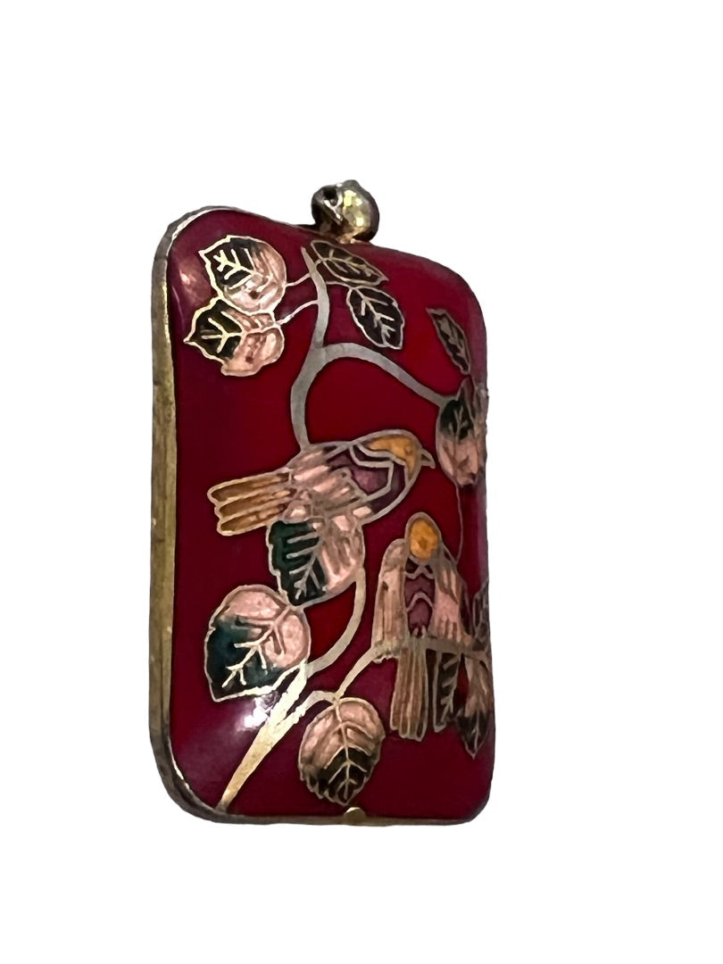 Cloisonné Rectangle Pendant Charm Red Birds Floral 3D