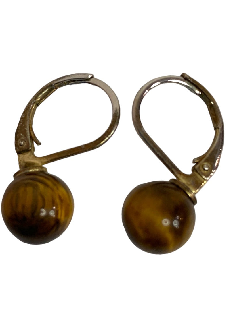 Vintage Tiger's Eye Leverback Earrings Pierced .75" Drop Dangle