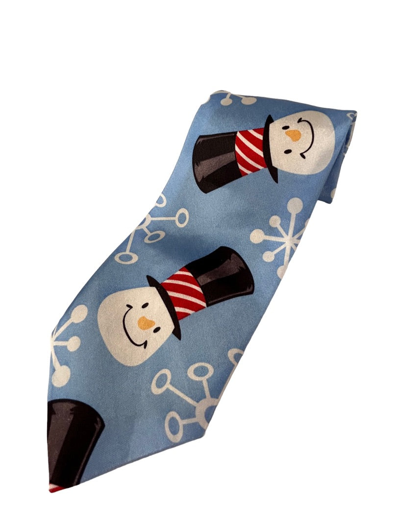 Four Star Men's Necktie Tie Powder Blue Snowman 52 Inch Length Polyester Novelty