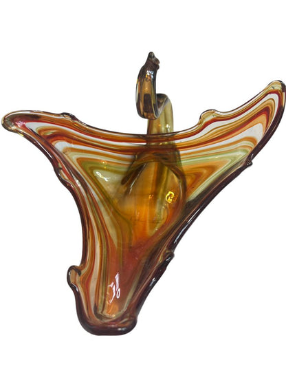 Vintage Hand Blown Glass Swan Planter Bowl Orange Brown Clear Swirl