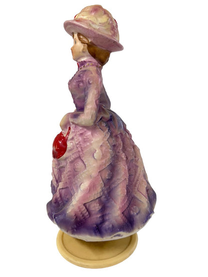 Ceramic Musical Rotating Figurine Victorian Style Purple Dress 1970s 7.5"h