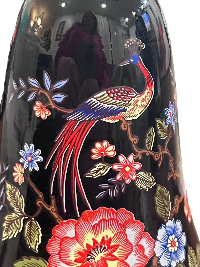 Black Glass Bell Italy Italian Peacock Flower Printed