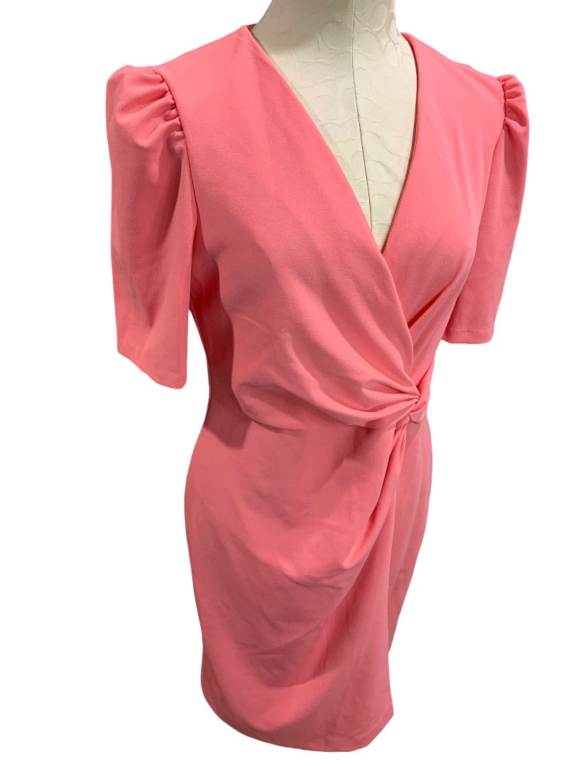 Size 10 DKNY New Coral Faux Wrap Dress Twist Front V-Neck Stretch Polyester