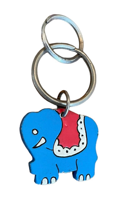 Vintage Blue Elephant Keychain Key Ring Wooden Painted 1.5"