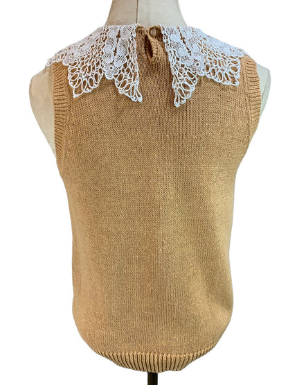 Large Soft Appeal Vintage Brown Crochet Collar Women's Sleeveless Tan Sweater