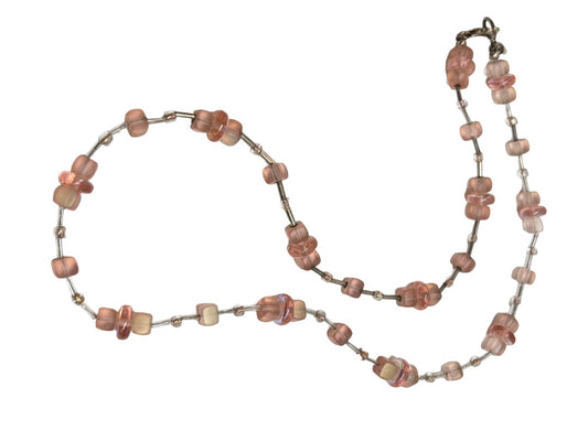 Pink Glass Beaded Necklace 25" with Clasp Silvertone and Clear Accents