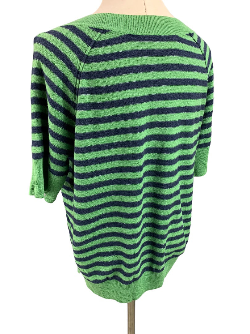 Medium Talbots Women's Green Blue Striped Short Sleeve Pullover Sweater Oversize Linen Blend