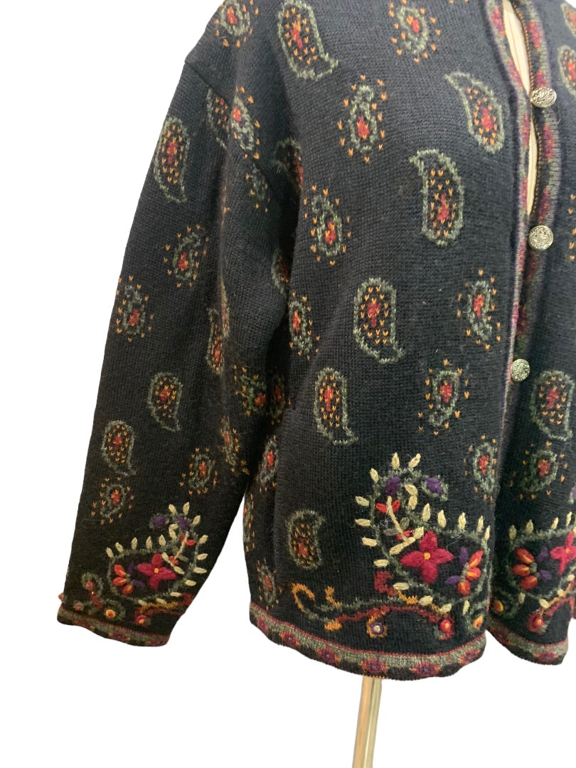 Large Nordic Design Women's Wool Cardigan Sweater Paisley Design Y2K Vintage