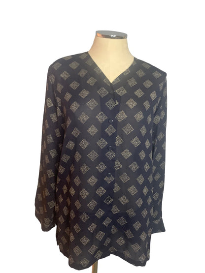 Size 6 Chaus Women's New Sheer Dark Navy Blue Button Up Blouse 1990s Vintage