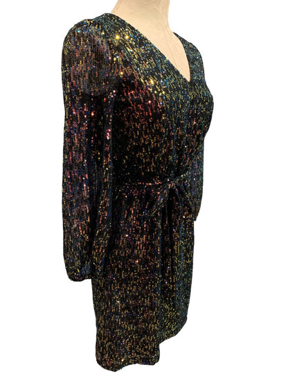 XXS LOFT Women's Sequin Mini Dress Belted V-Neck Banded Sheer Sleeve