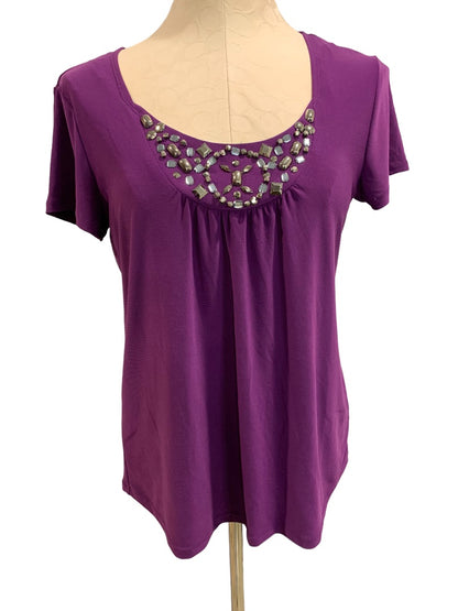 Small Notations Purple Short Sleeve Pullover Shirt Blouse Embellished Neckline