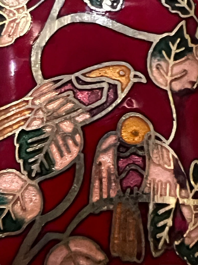 Cloisonné Rectangle Pendant Charm Red Birds Floral 3D