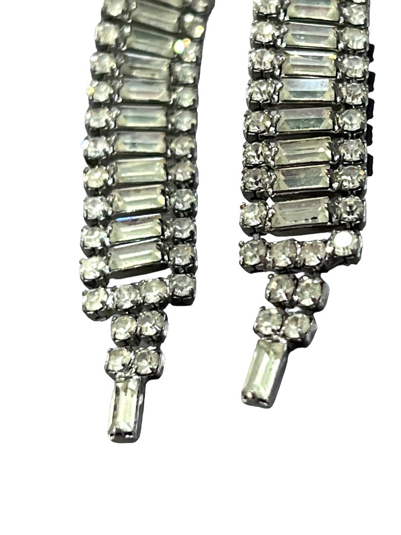 Weiss Crystal Rhinestone Clip Earrings Dangle Haute Couture Silver Clear Art Deco Signed