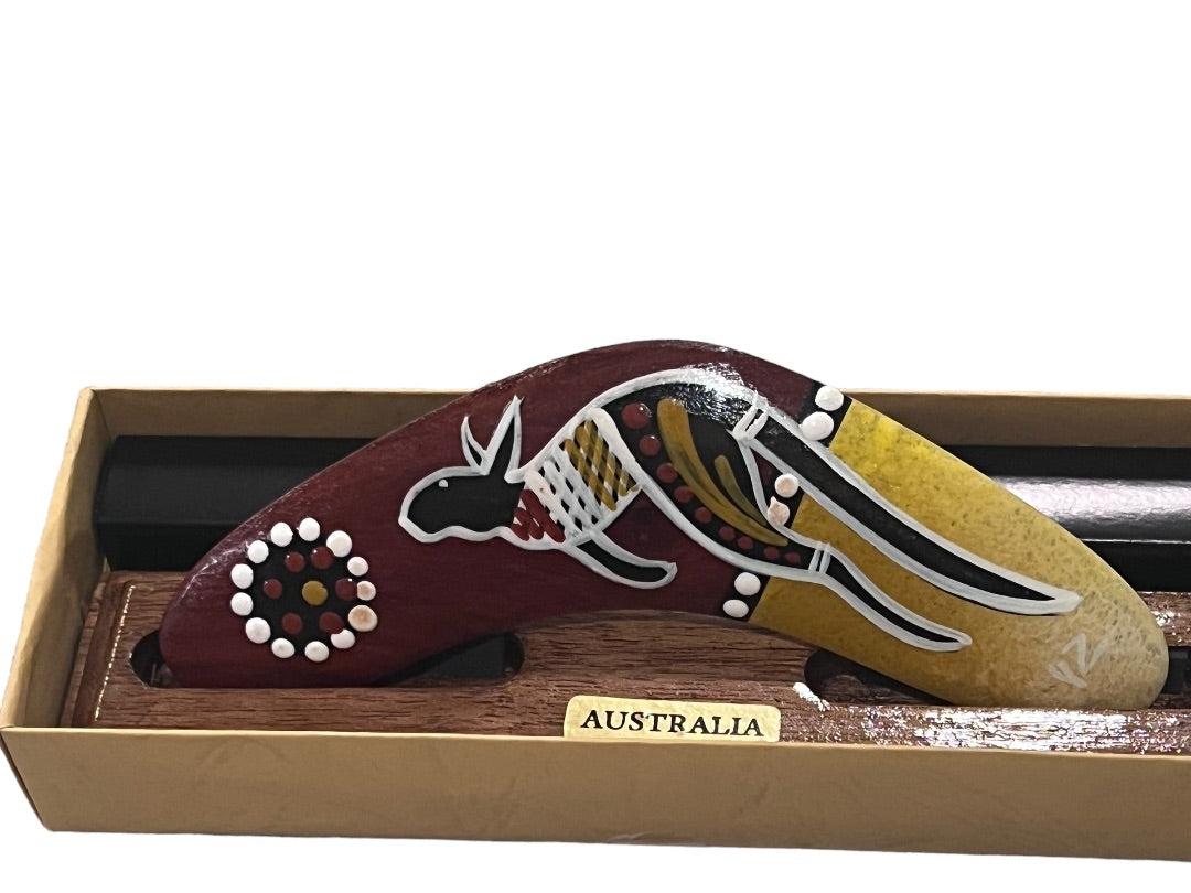 New Dreamtime Native Arts & Crafts Wood Boomerang Hand Painted Australia w Stand 7"