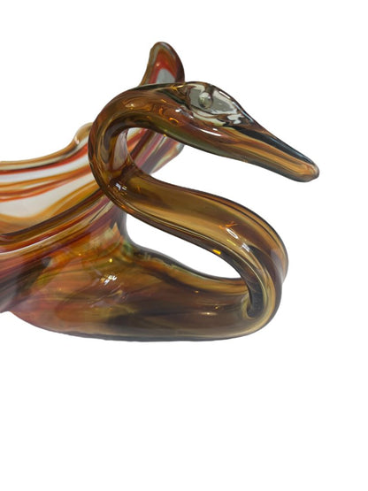 Vintage Hand Blown Glass Swan Planter Bowl Orange Brown Clear Swirl