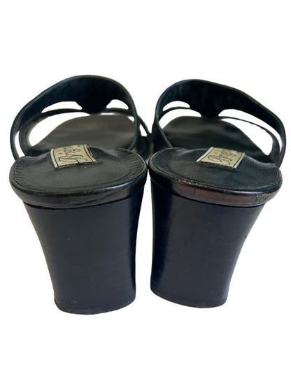 7 M Brighton Trista Shoes Slip-on Block Heels Sandals Black Leather Open Toe