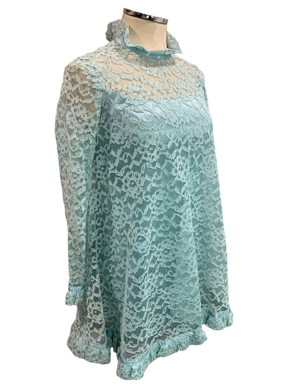 Vintage Aqua Swing Shift Mini Dress Vintage 1960s Lace Overlay Satin