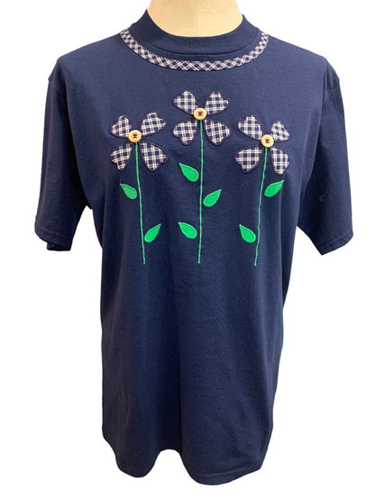 Medium Jerzees Navy Blue Women's Applique Floral Tshirt New 1990s