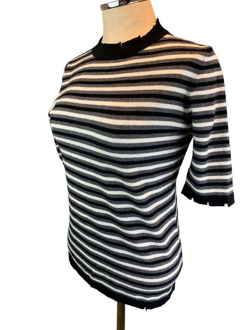 Medium POL Women's Short Sleeve Distressed Black Gray Stripe Sweater