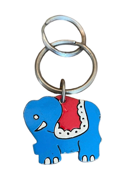 Vintage Blue Elephant Keychain Key Ring Wooden Painted 1.5"