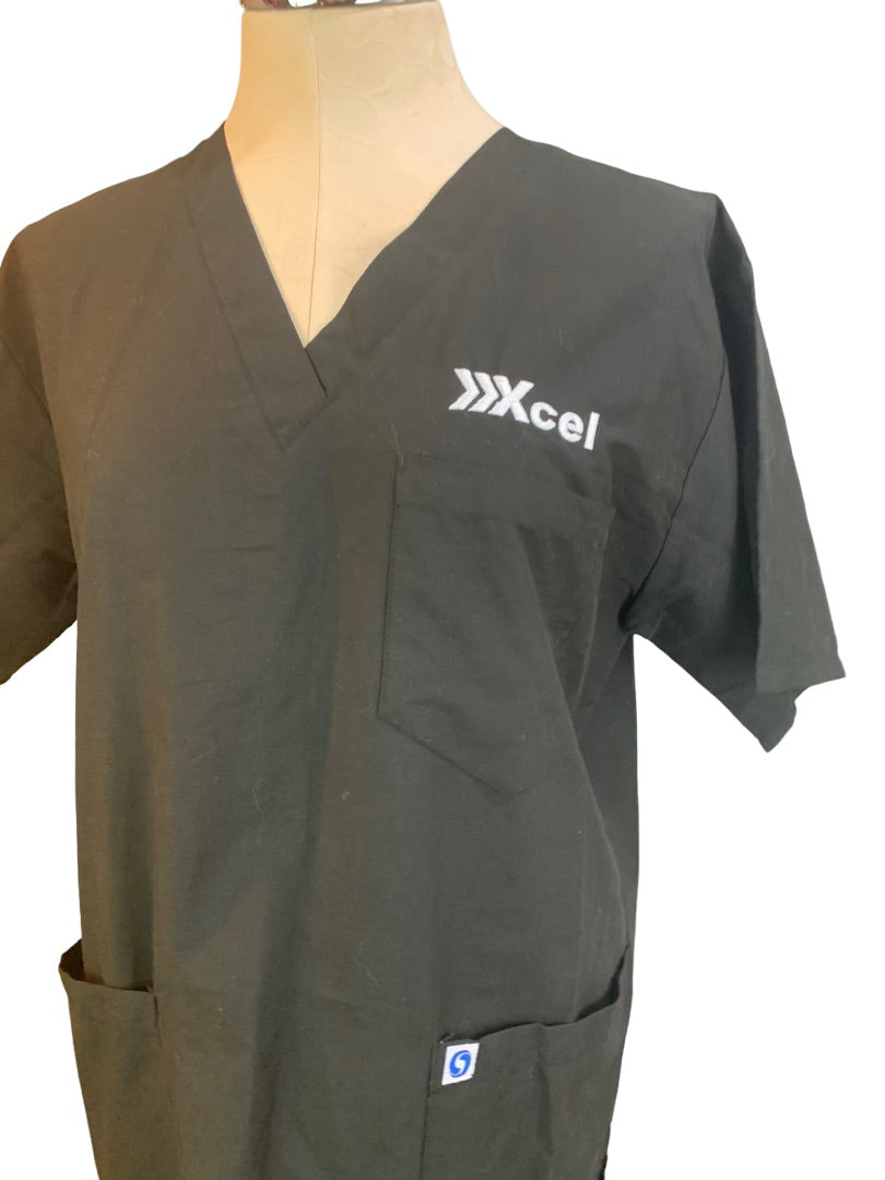 Small Spectrum Women's Black Scrub Uniform Top Embroidered "Xcel" New