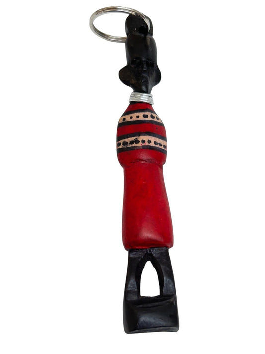 Massai Warrior Wooden Keychain Painted Key Ring 5.25"