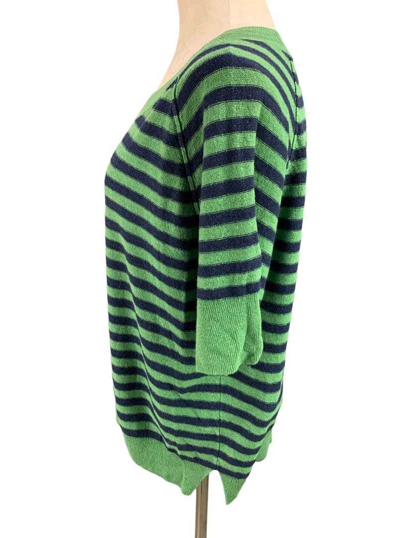 Medium Talbots Women's Green Blue Striped Short Sleeve Pullover Sweater Oversize Linen Blend