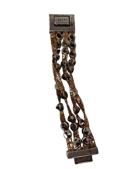 HEET Rockstar Leather Bracelet 4 Strand Metallic Copper Goldtone Swarovski Crystals