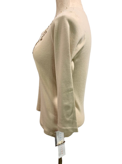 Small First Issue Liz Claiborne New Women's Tan Embellished V-Neck Top 3/4 Sleeve Pullover