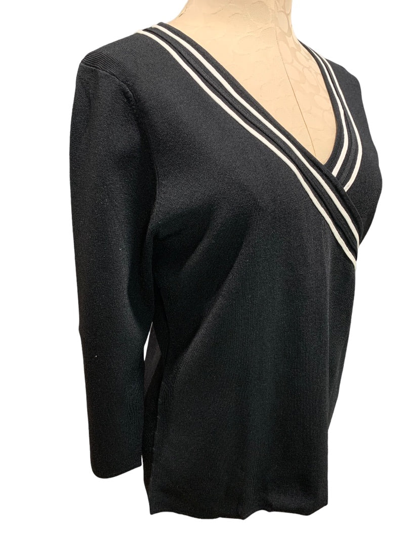 Large Cable & Gauge Women's New Black Faux Wrap Sweater White Piping