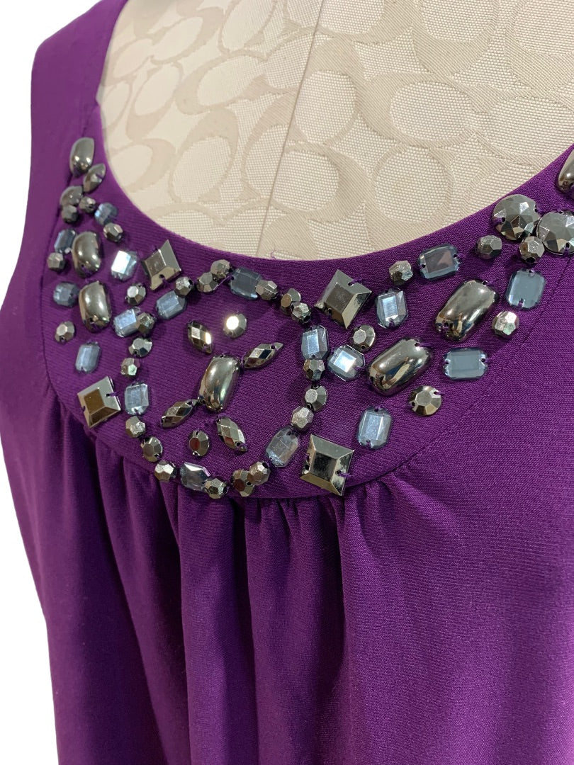 Small Notations Purple Short Sleeve Pullover Shirt Blouse Embellished Neckline