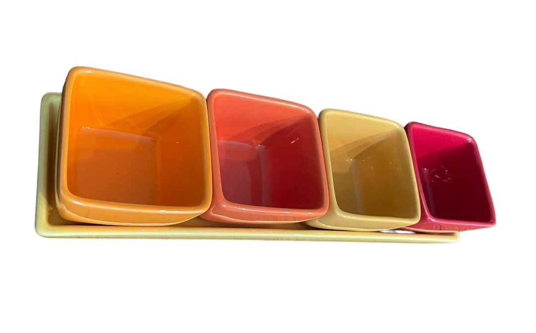 Crate & Barrel 5 Piece Condiment Tray Serving Set  Yellow Red Orange