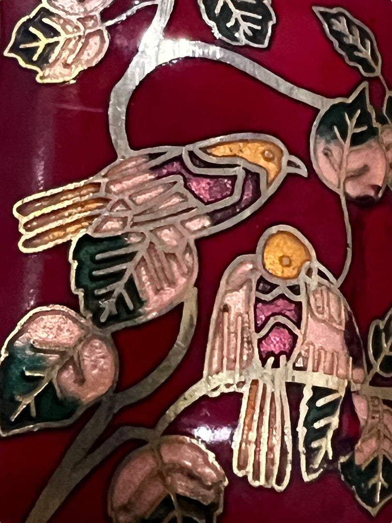 Cloisonné Rectangle Pendant Charm Red Birds Floral 3D