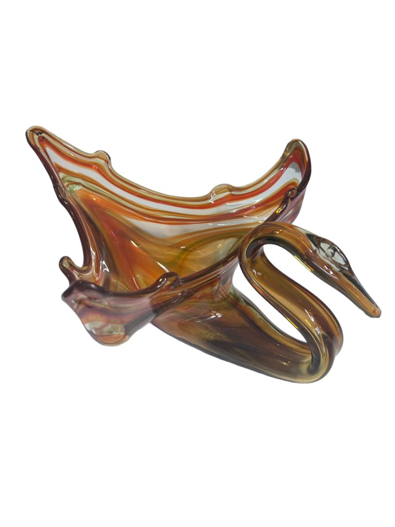 Vintage Hand Blown Glass Swan Planter Bowl Orange Brown Clear Swirl