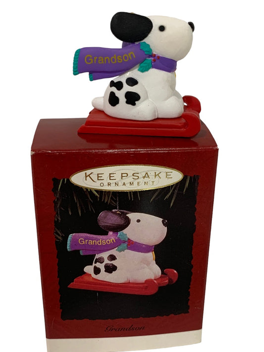 Hallmark Keepsake "Grandson" 1996 Ornament Dog on Sled