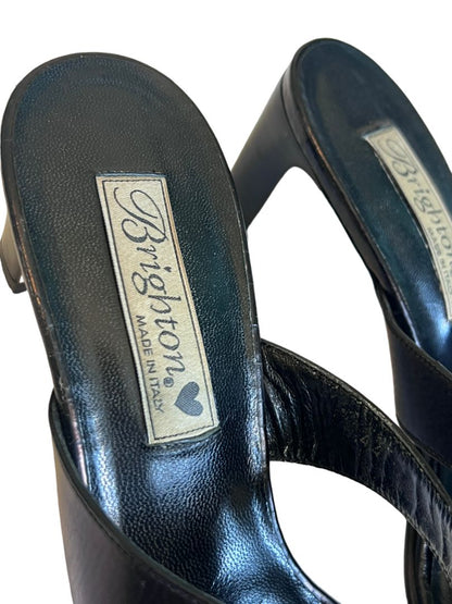 7 M Brighton Trista Shoes Slip-on Block Heels Sandals Black Leather Open Toe
