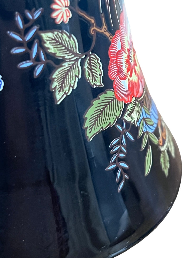 Black Glass Bell Italy Italian Peacock Flower Printed