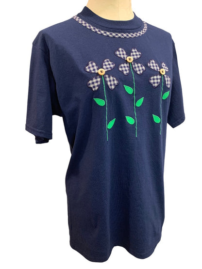 Medium Jerzees Navy Blue Women's Applique Floral Tshirt New 1990s